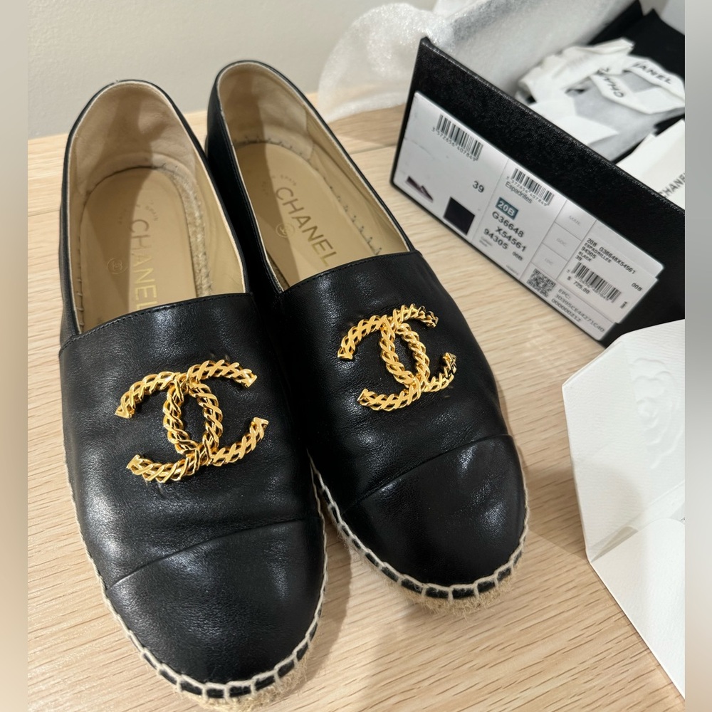 Chanel Black and Gold Espadrilles with Iconic CC Logo